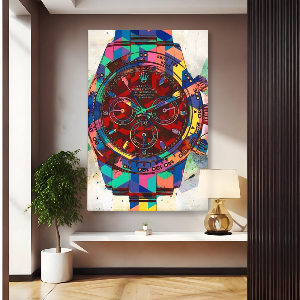 Tablou canvas cu tablou canvas cu ceas colorat tip rolex, fara rama, pe sasiu de lemn